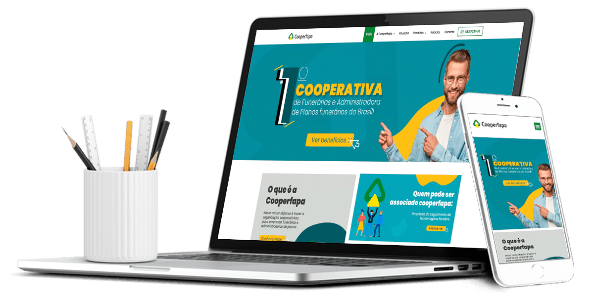 Site responsivo exibido em computador e celular